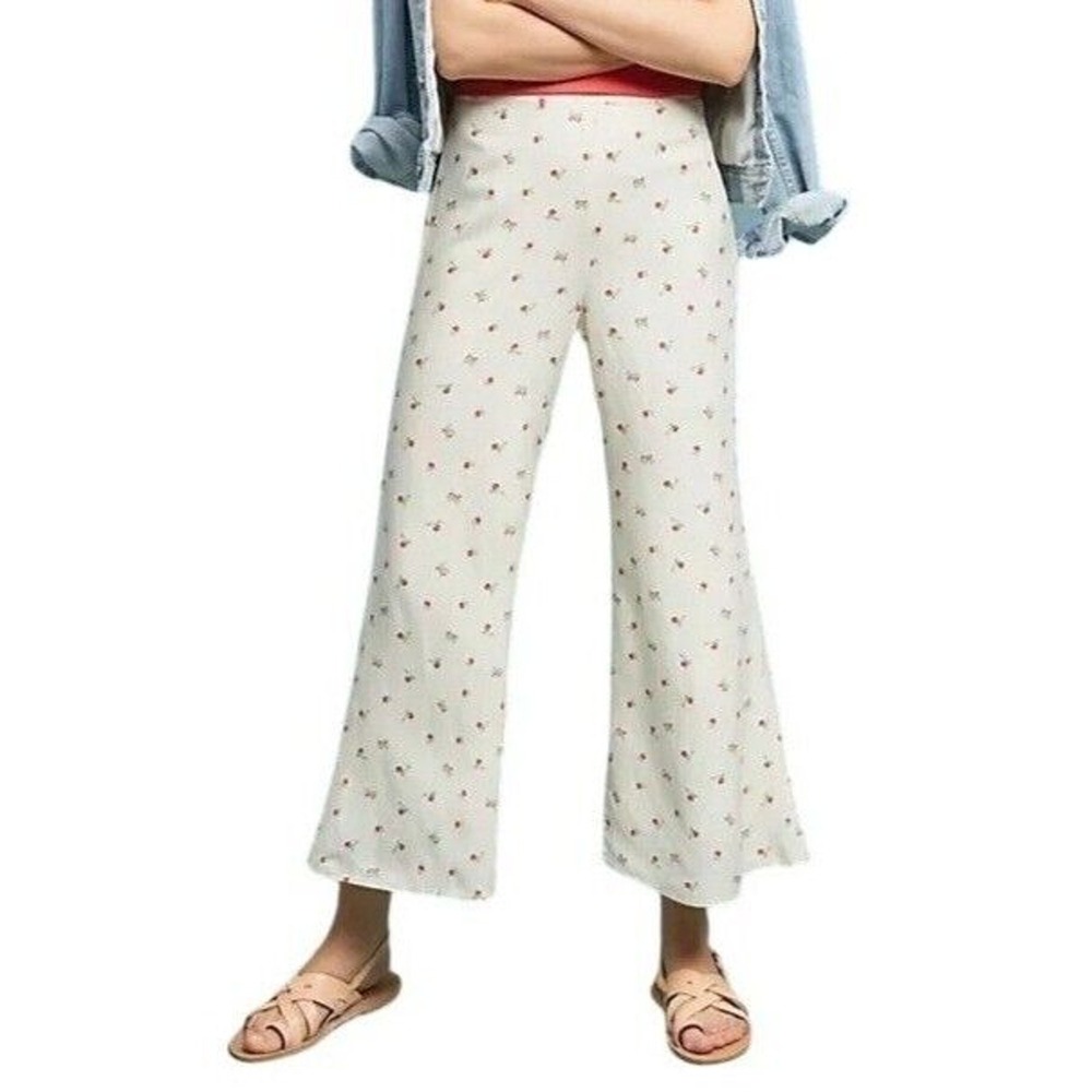 Anthropologie Feather Bone Wide Leg Talise Pants 4 Cream Red Fruit Print Crop
